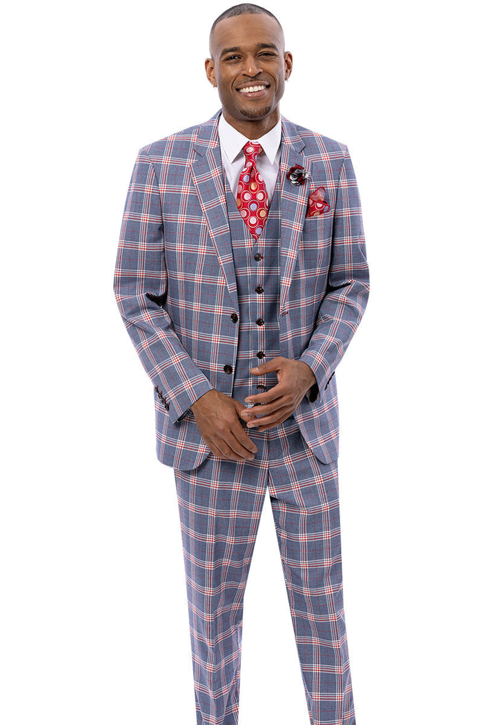 Men's Two Button Vested Suit in Grey & Red Windowpane Plaid - Image 2