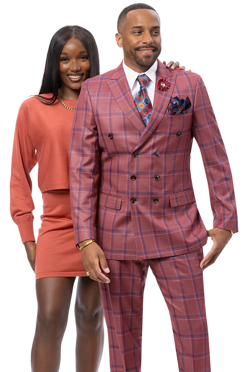 Men's Double Breasted Fashion Suit in Light Burgundy Windowpane Plaid - Image 2
