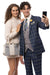 Men's Modern Fit Windowpane Plaid Suit with Paisley Double Breasted Vest in Navy Blue