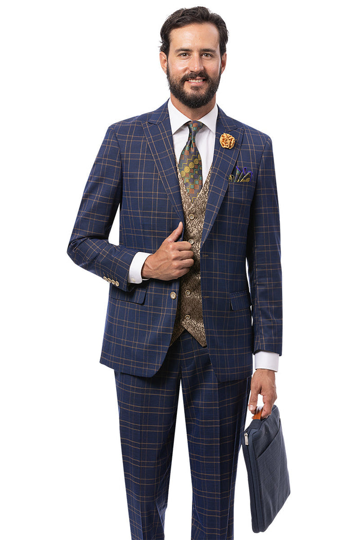 Men's Modern Fit Double Windowpane Plaid Suit with Paisley Vest in Navy Blue - Image 2