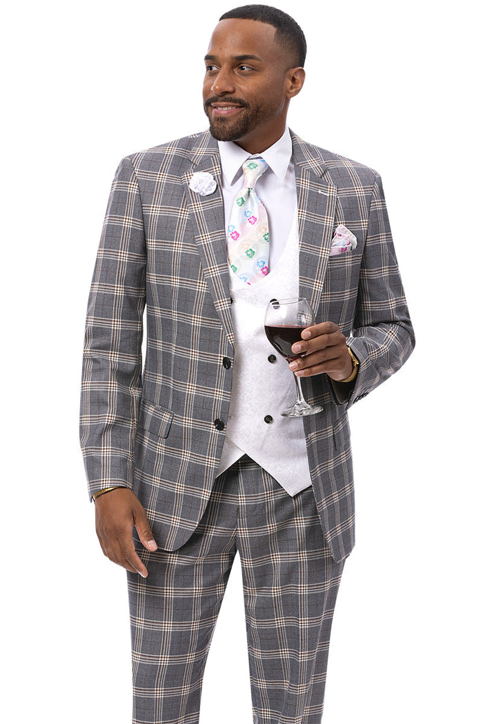 Men's Two Button Windowpane Plaid Suit in Grey with Double Breasted White Paisley Vest - Image 2