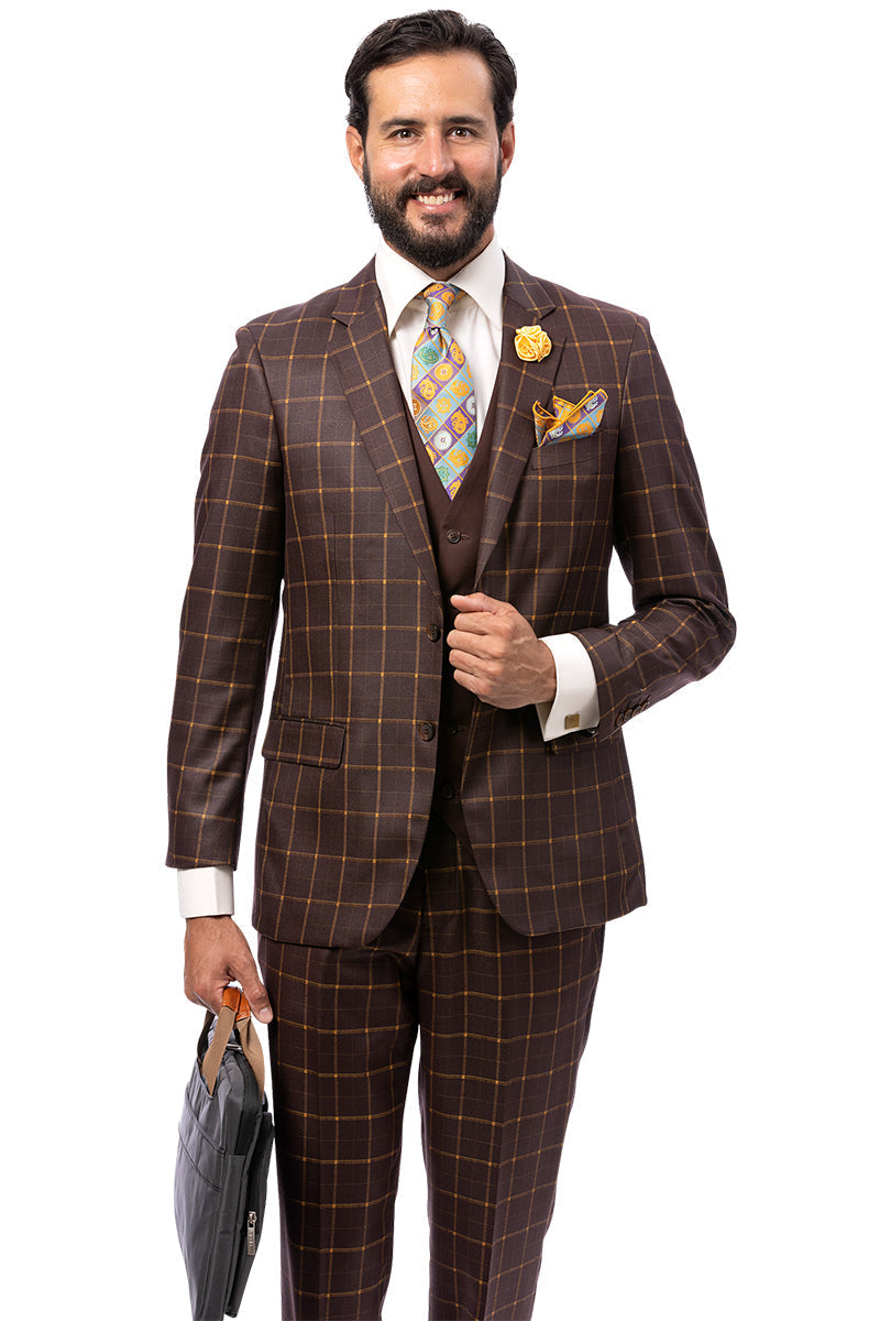 Men's Moder Fit Vested Suit in Dark Brown Windowpane Plaid - Image 2