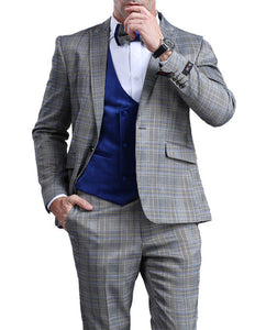 Blue Slim Fit Tuxedo 4 Piece Glen Plaid with Bow Tie