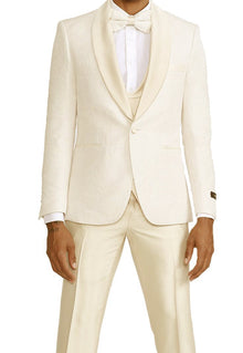 Ivory Slim Fit Tuxedo 4 Piece with Satin Shawl Collar Beveled Designed Vest