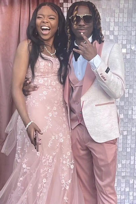 Graduation Suit - Men's One Button Vested Paisley Prom & Wedding Tuxedo with Satin Vest and Pants in Pink