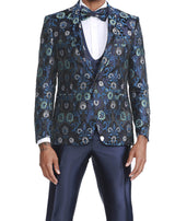 (40R, 44R) Navy Slim Fit Tuxedo 4 Piece Floral Pattern with Bow Tie