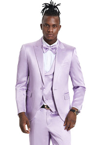 Graduation Suit - Men's One Button Vested Shiny Satin Sharkskin Prom & Wedding Party Suit in Lavender