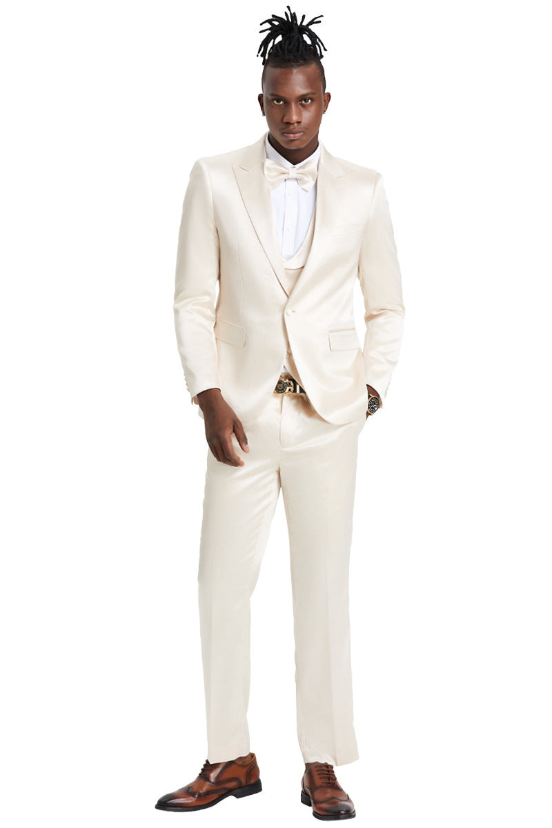 Graduation Suit - Men's One Button Vested Shiny Satin Sharkskin Prom & Wedding Party Suit in Champagne - Image 2