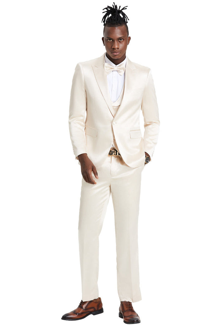 Graduation Suit - Men's One Button Vested Shiny Satin Sharkskin Prom & Wedding Party Suit in Champagne - Image 2