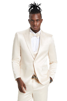 Graduation Suit - Men's One Button Vested Shiny Satin Sharkskin Prom & Wedding Party Suit in Champagne