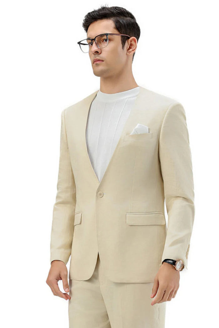 Men's  Collarless Summer Wedding Suit in Tan Modern Fit