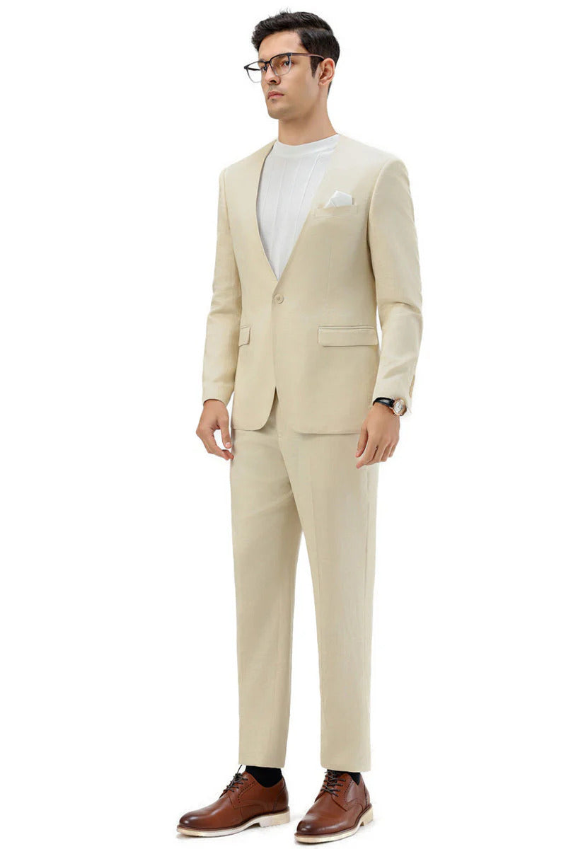 Men's Modern Fit Collarless Summer Wedding Suit in Tan