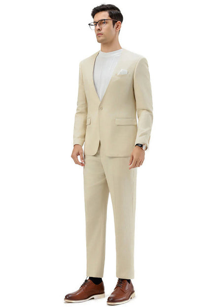 Men's Modern Fit Collarless Summer Wedding Suit in Tan