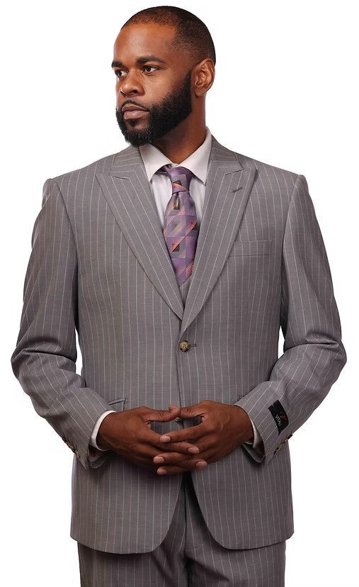 Vitali Men'S Two Buttons Grey Stripe ~ Pinstripe Suit No Pleated Pants Side Vent Regular Fit