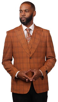 Vitali Orange Plaid Modern Fit Vested Suit M8029