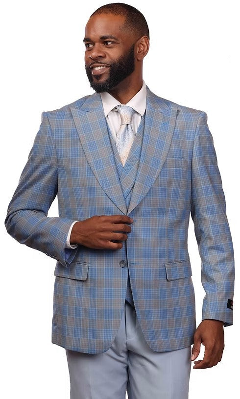 Vitali Sky Plaid Modern Fit Vested Suit M8029