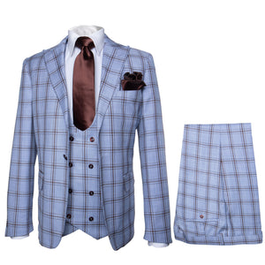 Rossi Man MAX RM1822 Slim Fit 3-Piece Suit – Premium Light Blue & Brown Plaid Formal Suit for Men