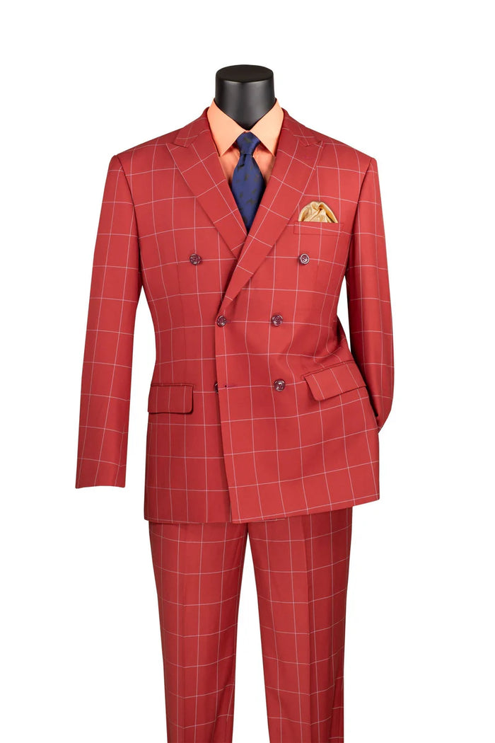 Naples Collection - Baked Apple Double Breasted Windowpane Peak Lapel 2 Piece Suit Modern Fit