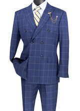Naples Collection - Blue Double Breasted Windowpane Peak Lapel 2 Piece Suit Modern Fit