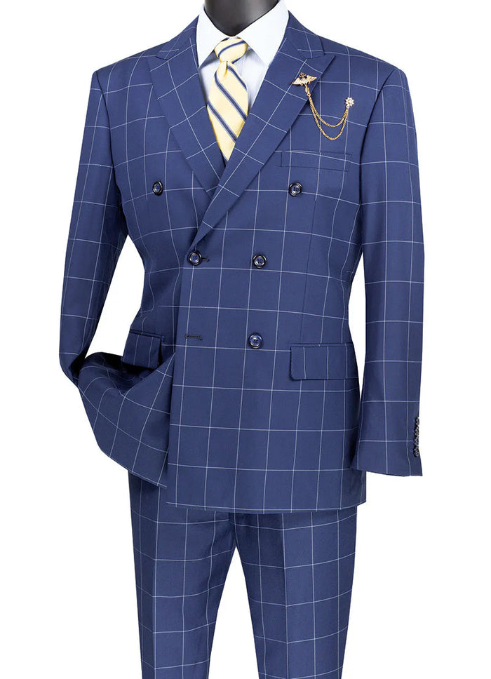 Naples Collection - Blue Double Breasted Windowpane Peak Lapel 2 Piece Suit Modern Fit