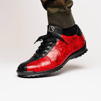 Marco Di Milano Saulo Men's Shoes Black & Red Exotic Ostich / Alligator Casual Sneakers - Image 6