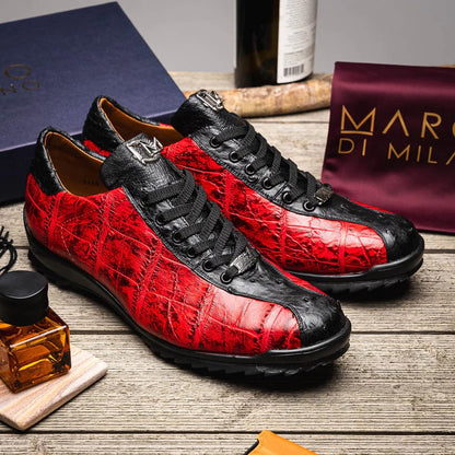 Marco Di Milano Saulo Men's Shoes Black & Red Exotic Ostich / Alligator Casual Sneakers - Image 9