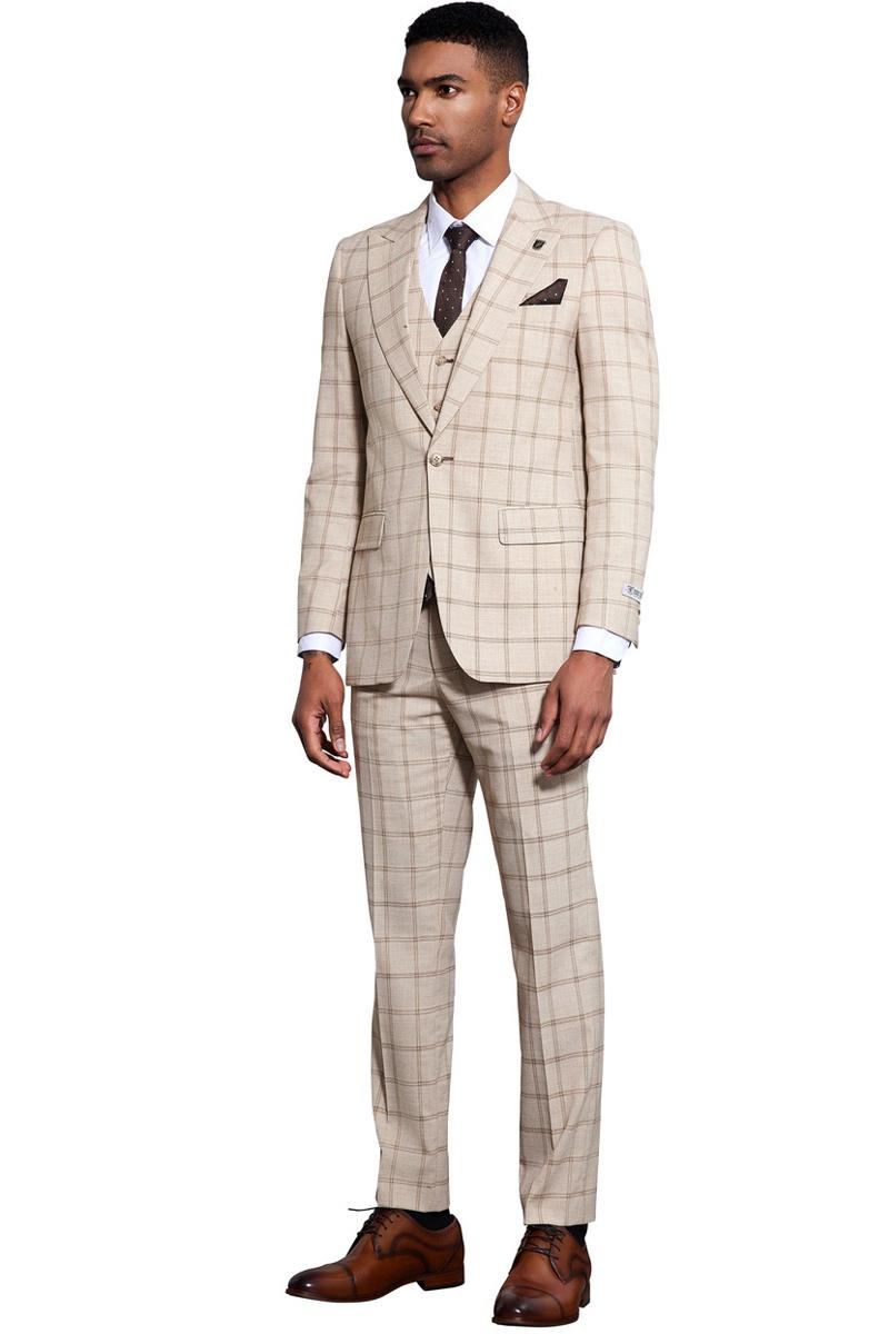 Men's Stacy Adams One Button Peak Lapel Vested Windowpane Plaid Suit in Tan - Image 5