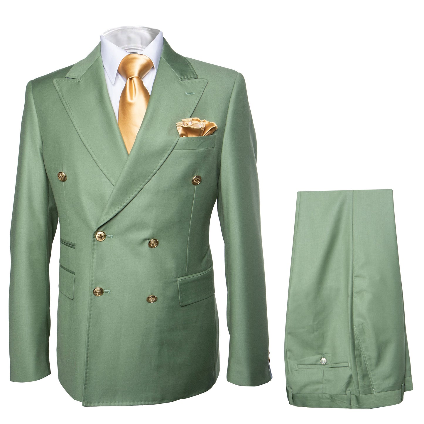 Rossiman Men’s Sage Green Double Breasted Suit with Gold Buttons, Slim Fit Lightweight Summer Suit