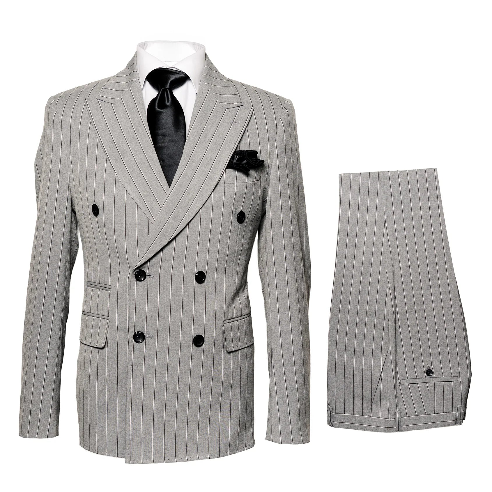 Gray and Black Pinstripe Double Breasted - Modern Fit 1920s Vintage Looking Suit - Image 5