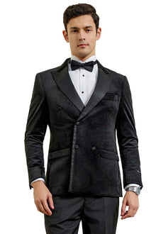 Mens Black Blazer - Men's Velvet Double Breasted Wedding & Prom Tuxedo Jacket in Black