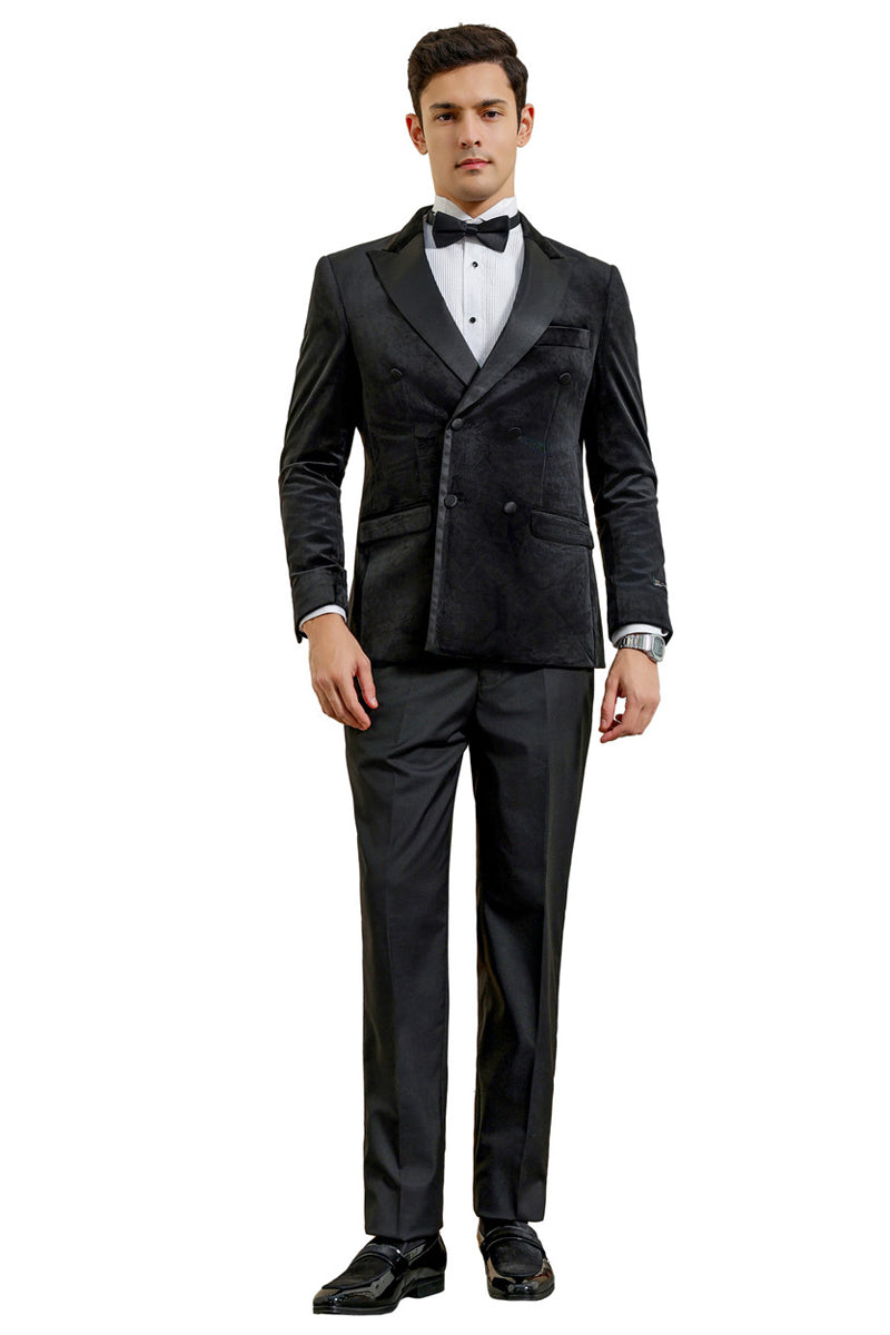 Mens Black Blazer - Men's Velvet Double Breasted Wedding & Prom Tuxedo Jacket in Black - Image 2