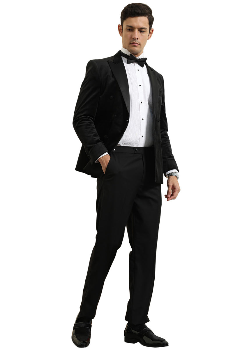 Mens Black Blazer - Men's Velvet Double Breasted Wedding & Prom Tuxedo Jacket in Black - Image 3