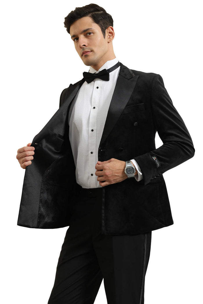 Mens Black Blazer - Men's Velvet Double Breasted Wedding & Prom Tuxedo Jacket in Black - Image 4