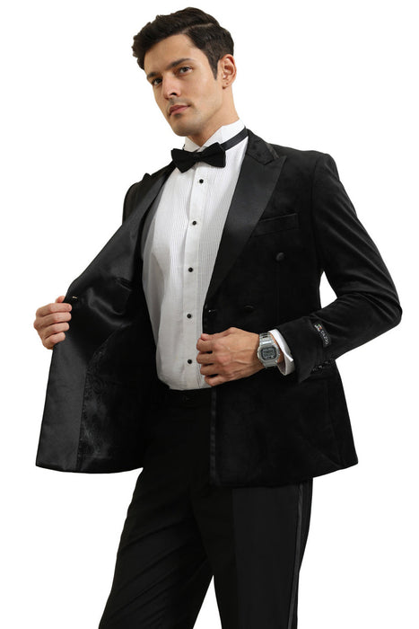 Mens Black Blazer - Men's Velvet Double Breasted Wedding & Prom Tuxedo Jacket in Black