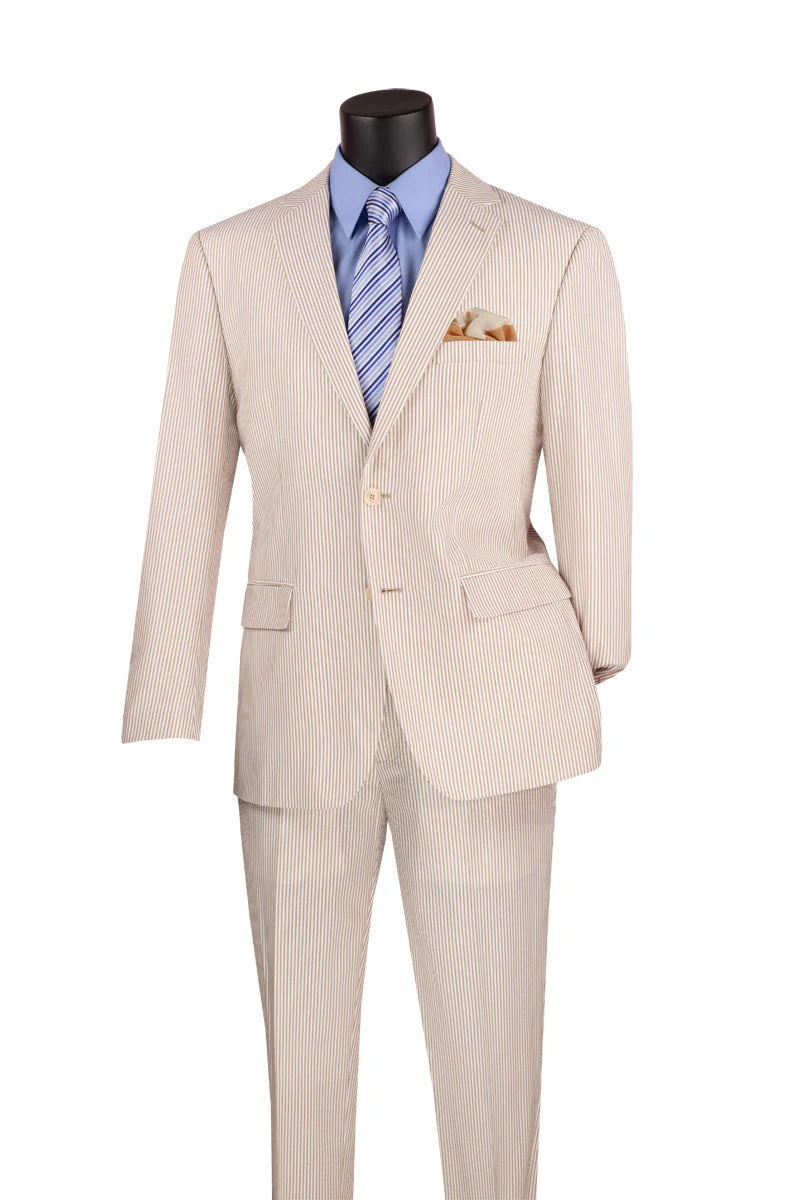 Modern Fit Summer 2 Piece 2 Button Suit Striped Seersucker in Tan Modern Fit