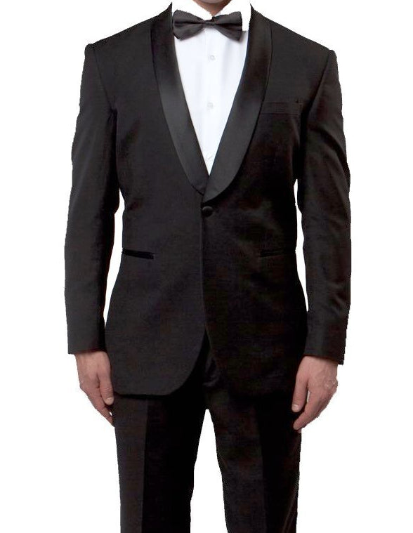 Men'S One Button Slim Fit Solid Black Side Vents Tuxedo Suits With Shawl Lapel main image 1