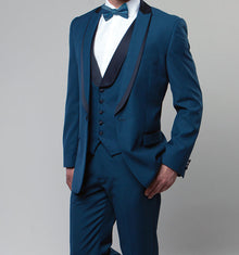 Teal Blue Slim Fit Tuxedo 3 Piece with Satin Shawl Collar Vest