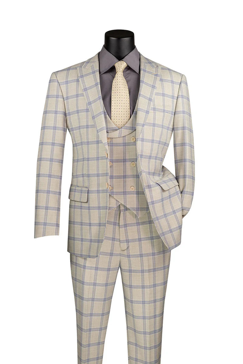 Modern Fit Windowpane Suit 3 Piece with U-Neck Vest in Light Beige  Modern Fit