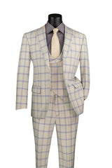 Modern Fit Windowpane Suit 3 Piece with U-Neck Vest in Light Beige  Modern Fit