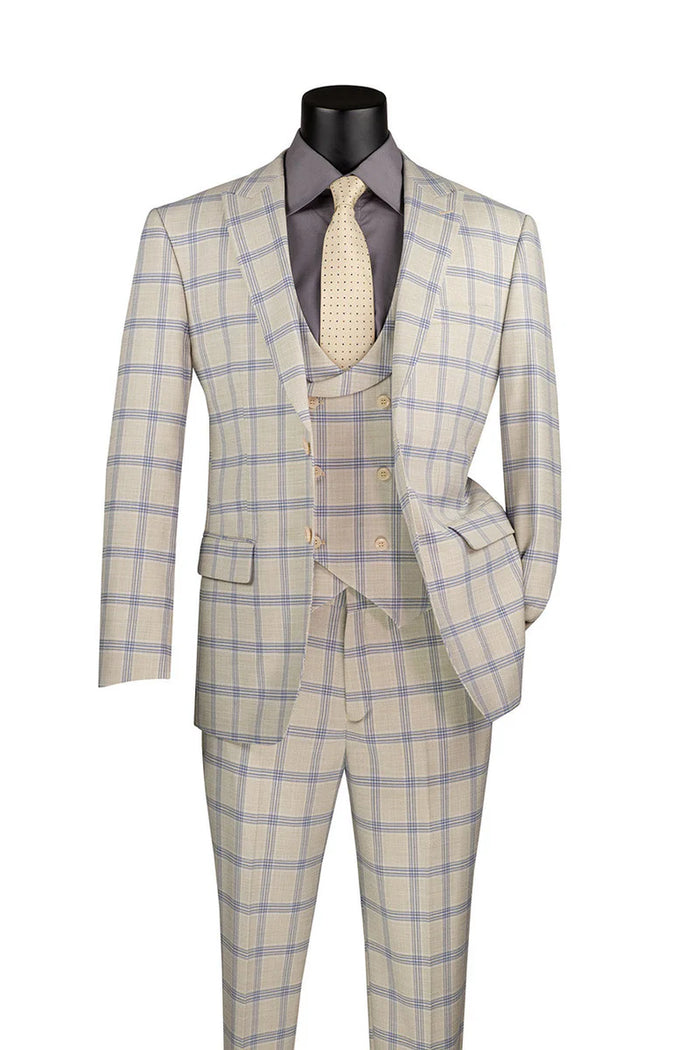 Modern Fit Windowpane Suit 3 Piece with U-Neck Vest in Light Beige  Modern Fit