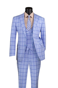 Modern Fit Windowpane Suit 3 Piece with U-Neck Vest in Light Blue
