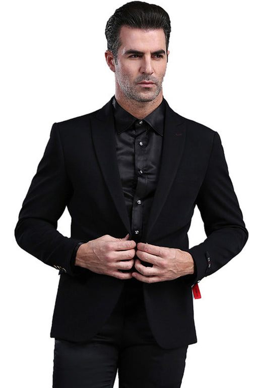 Mens Black Blazer - Men's One Button Peak Lapel Skinny Fit Blazer in Black