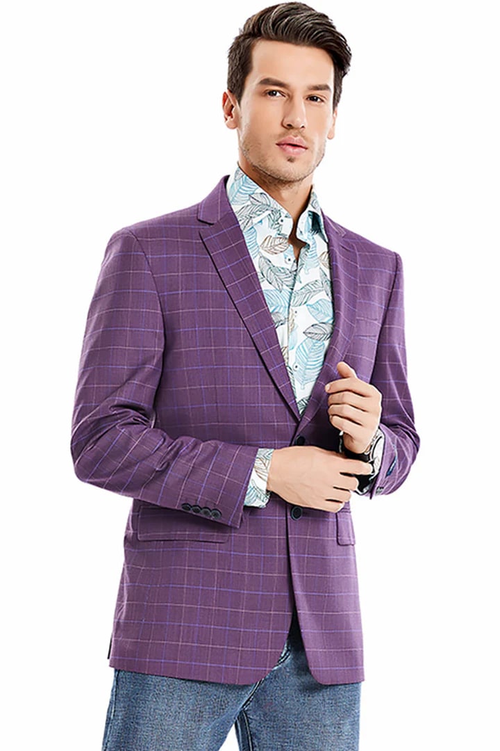Saco vaquero - Western Sport Coat - Western Blazer  - Men's Two Button Windowpane Plaid Magenta  Sport Coat Blazer