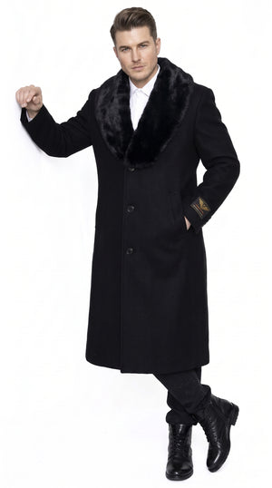 Men's Black 48-Inch Full-Length Overcoat with Faux Fur Collar – Classic Long Winter Dress Coat