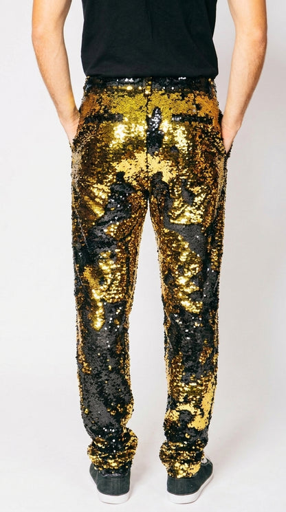 Men’s Gold and Black Sequin Pants, Shiny Party Stage Performance Dress Pants