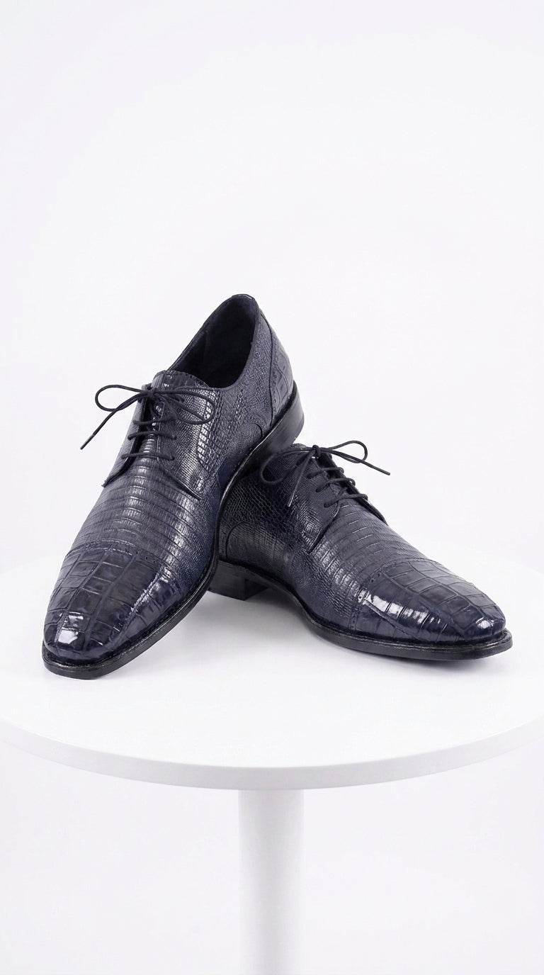 Los Altos Men’s Navy Teju Lizard and Caiman Oxford Shoes, Exotic Lace-Up Formal Dress Shoes