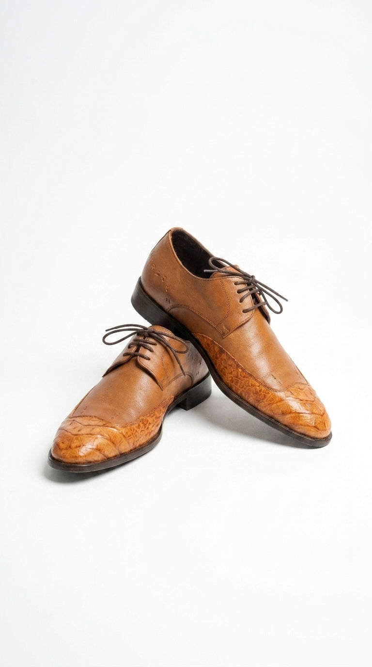 Vestigium Men’s Cognac Genuine Caiman Belly Derby Shoes, Exotic Lace-Up Formal Dress Shoes