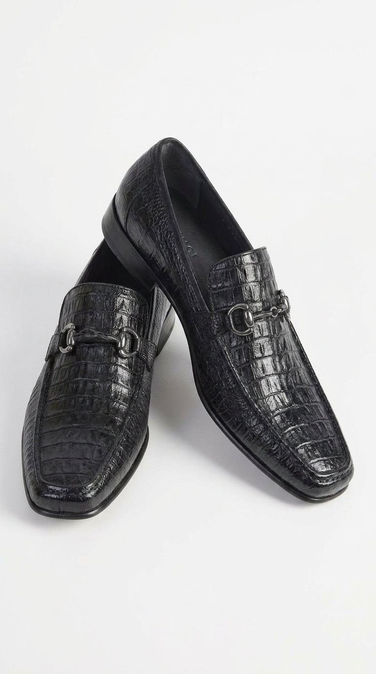 Los Altos Men’s Black Caiman Belly and Lizard Slip-On Dress Shoes, Exotic Bit Loafers