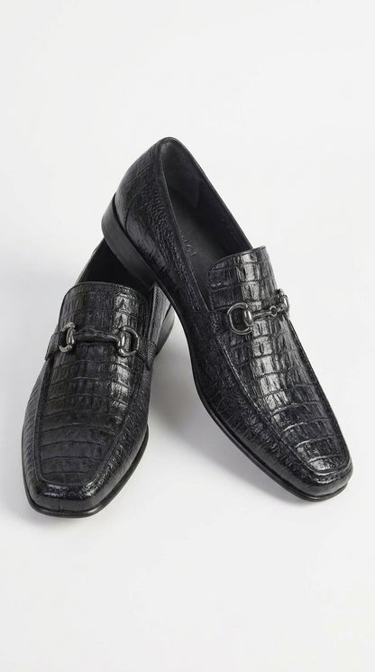 Los Altos Men’s Black Caiman Belly and Lizard Slip-On Dress Shoes, Exotic Bit Loafers