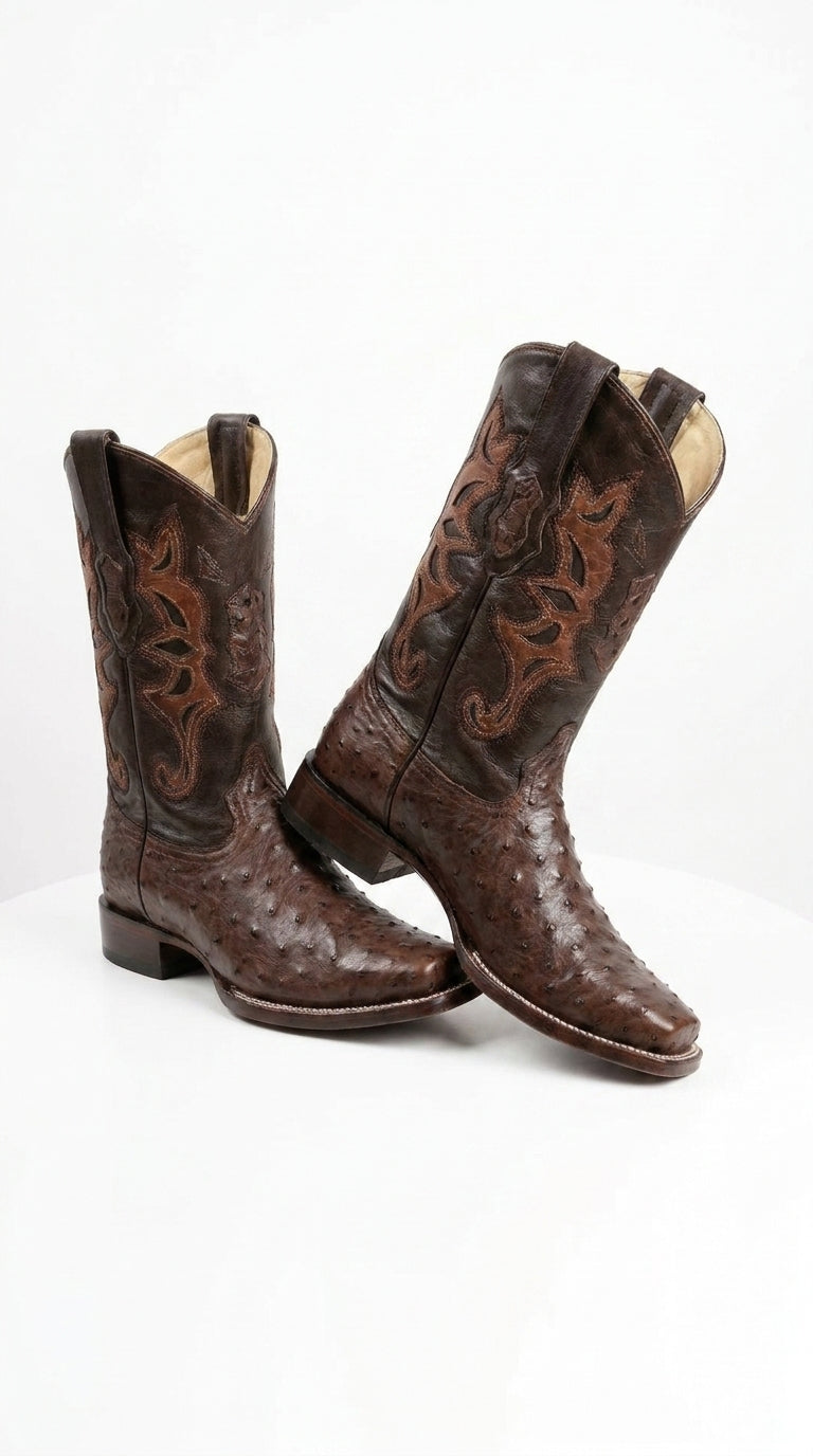 Men’s Brown Square Toe Ostrich Boots, Exotic Western Cowboy Dress Boots